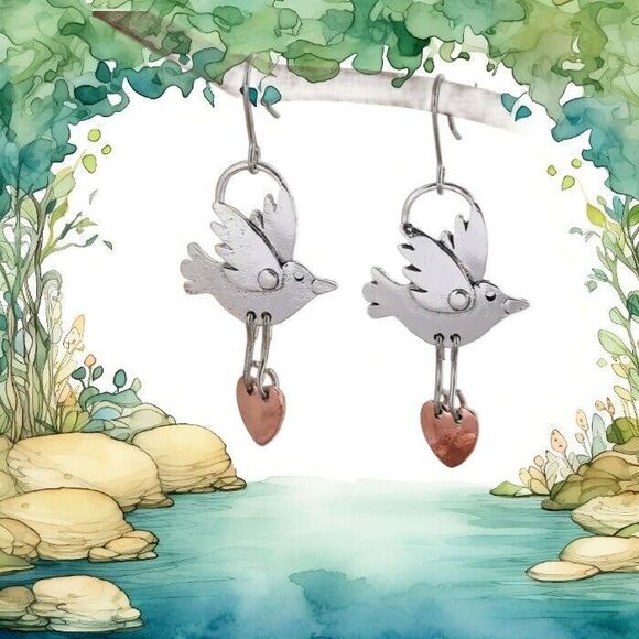Silver Bird Earrings with Dangle Copper Heart - Picture 1 of 6